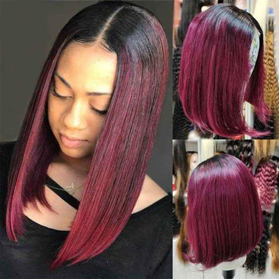 Short Straight Bob Wig – Ombre 1B to 99J Burgundy, 100% Human Hair