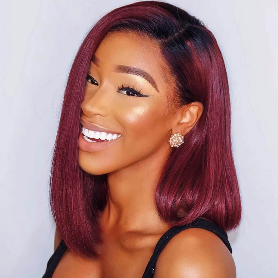 Short Straight Bob Wig – Ombre 1B to 99J Burgundy, 100% Human Hair