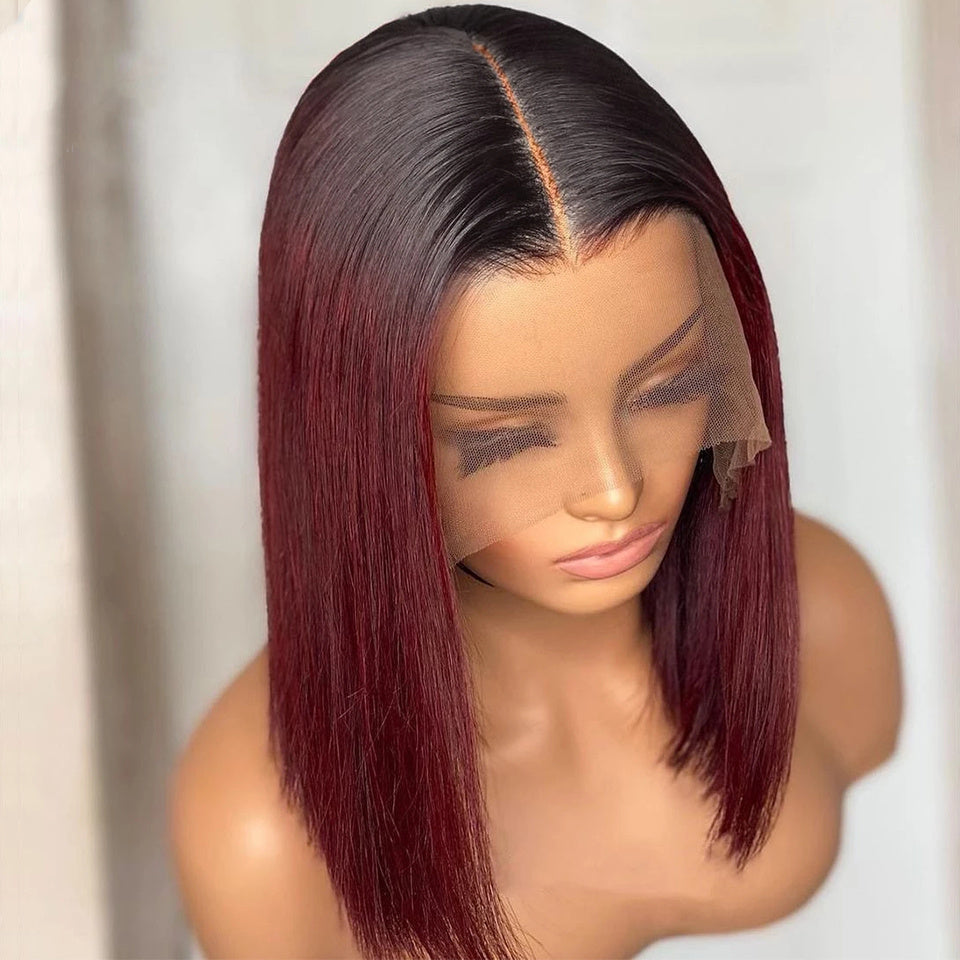Short Straight Bob Wig – Ombre 1B to 99J Burgundy, 100% Human Hair