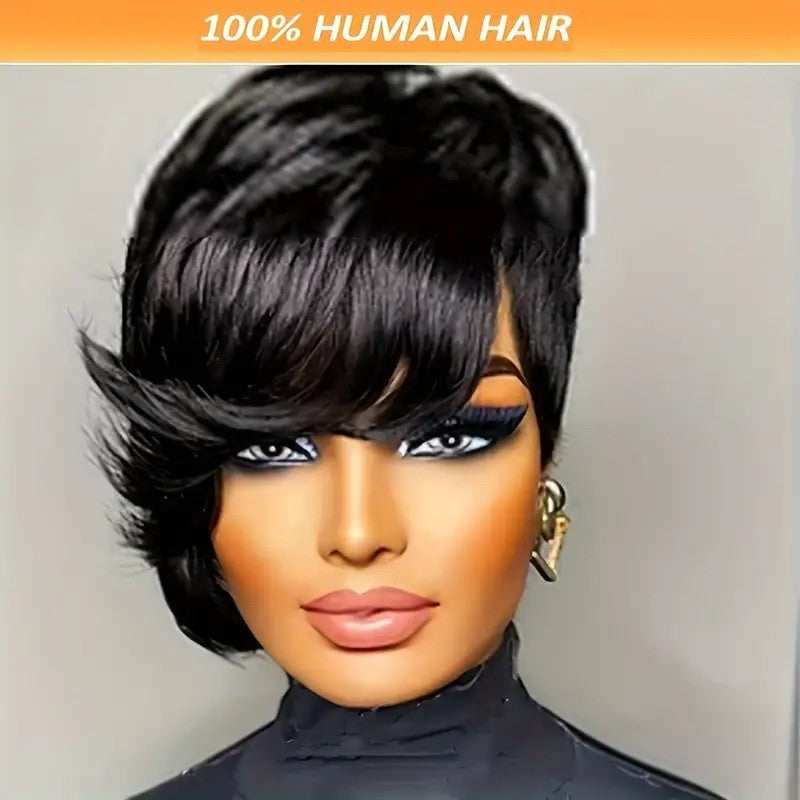 Sleek Pixie Cut Wig – Glueless Human Hair, Everyday Easy Style with Bangs