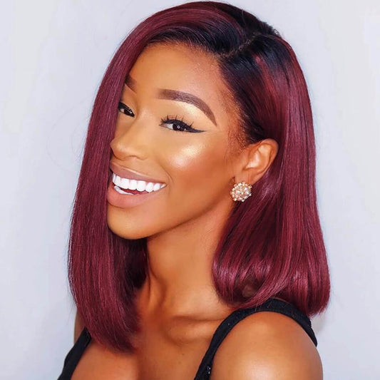 Short Straight Bob Wig – Ombre 1B to 99J Burgundy, 100% Human Hair